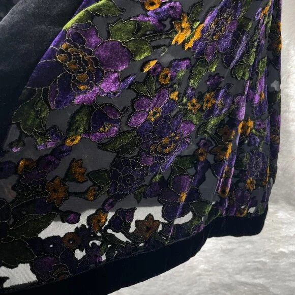 Vintage BurnOut Open Cardigan Womens S/M Floral Black Velvet Trim Dark Fairy - Picture 4 of 15